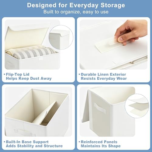 Bagnizer Large 17" 42 Quarts Collapsible Stackable Storage Bins with Lids [3-Pack] Foldable Fabric Linen Storage Boxes Cube, Closet Organizer Baskets with Label (16.7 x 12 x 12, White) - Image 6