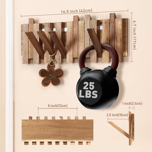 Wall Coat Rack for Entryway: Folding Wood Rustic 8 Hooks - Image 3
