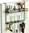 Over Door Tool Organizer, Heavy Duty Utility Rack with 3 Slots, 2 Hooks and 1 Basket, Power Tool & Garden Tool Storage for Garage, Workshop, Warehouse, Fits Brooms and Mops - Grey by EARLESSBEAR