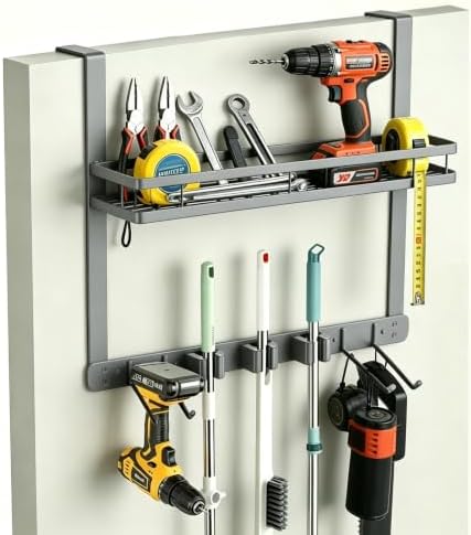Over Door Tool Organizer, Heavy Duty Utility Rack with 3 Slots, 2 Hooks and 1 Basket, Power Tool & Garden Tool Storage for Garage, Workshop, Warehouse, Fits Brooms and Mops - Grey by EARLESSBEAR