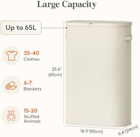 Lifewit Slim Laundry Basket with Lid and Removable Bag, 65L, White - Image 3