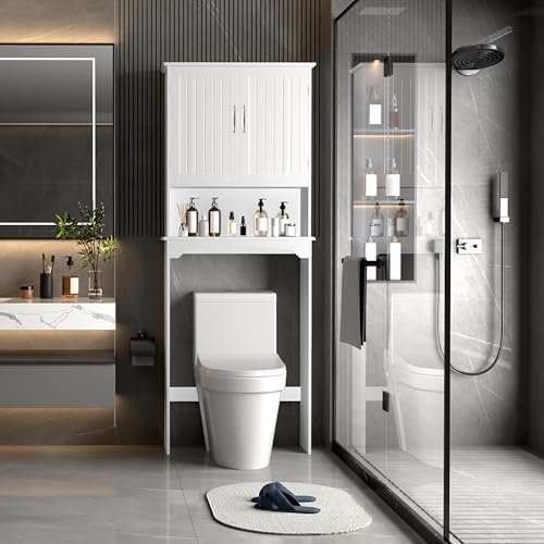 Topeakmart Over the Toilet Rack with Adjustable Shelf and 2 Doors, White - Image 2