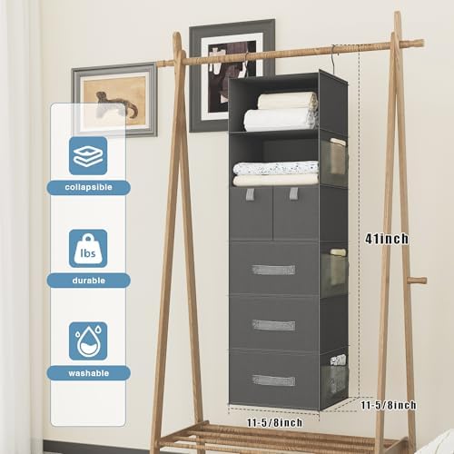 6-Shelf Hanging Closet Organizer with 5 Drawers, Non-Woven, Dark Gray | Spacious compartments sort clothes & undergarments; foldable drawers add hidden storage for closets, wardrobes or RVs. - Image 3