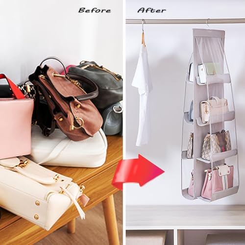 AARAINBOW 1 Pack Hanging Handbag Purse Organizer, Bags Organizor for Purse 8 Pockets Wardrobe Closet Space Saving Handbag Storage, 44.5L x 13.5W (B-Light Gray) - Image 6