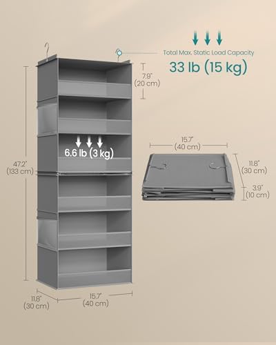 SONGMICS Widended Hanging Closet Organizer and Storage, 6-Tier, Separable | Foldable,Fabric Storage Shelf with 4 Side Pockets, Metal Hooks and Bamboo Inserts, Dove Gray, TINA Collection URCH007G01 - Image 2