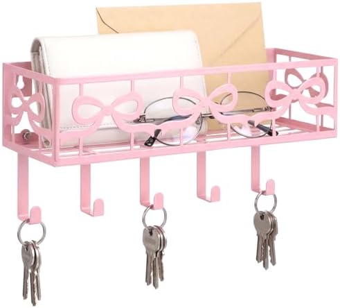 Hicarer Pink Bow Key Holder Wall Mount with Basket and 5 Hooks by Hicarer