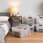 IRIS USA 54 Qt Stackable Plastic Storage Bins with Lids, 12 Pack - BPA-Free, Made in USA - See-Through Organizing Solution, Latches, Durable Nestable Containers, Secure Pull Handle - Clear - Image 5