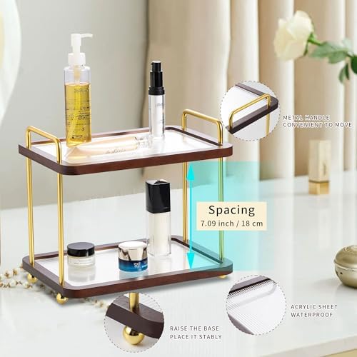 2-Tier Bathroom Counter Organizer with Transparent Stripe Acrylic Shelves, Brown Wood Frame and Black Metal Support, Rustproof Vanity Storage Rack for Skincare Cosmetics and Toiletries - Image 4