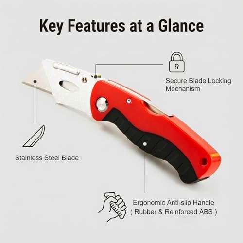 Box Cutter with 10 Extra Blades, Heavy Duty Folding Utility Knife for Cardboard, Carton, Carpet Cutting, Anti-slip Rubber & ABS Handle, Quick Replace Blade - Image 3