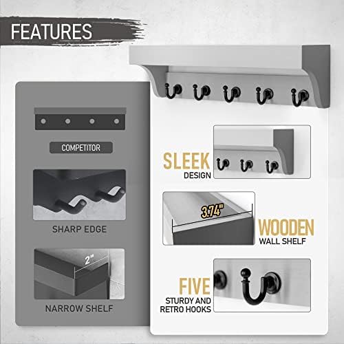 Rebee Vision Key Holder Wall Mount with 5 Hooks & Shelf for Entryway, Gray - Image 5