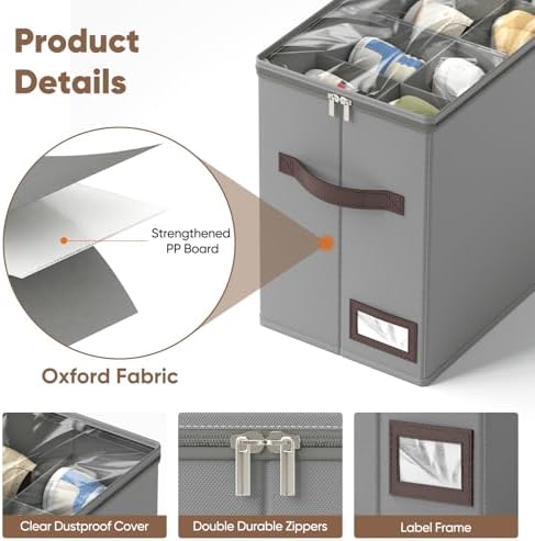 OIAHOMY 4 Pack Shoe Organizer for Closet, Foldable Shoe Storage Bins with Adjustable Dividers, Stackable Oxford Cloth Sneaker Boxes for Entryway Bedroom, Fits Up to 32 Pairs, Grey - Image 4