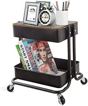 Melody House 2-Tier Metal Utility Rolling Cart Storage Organizer with Cover Board Mobile Trolley Sofa Side Table with Wheels for Office Home Kitchen Organization Black by MelodyHouse