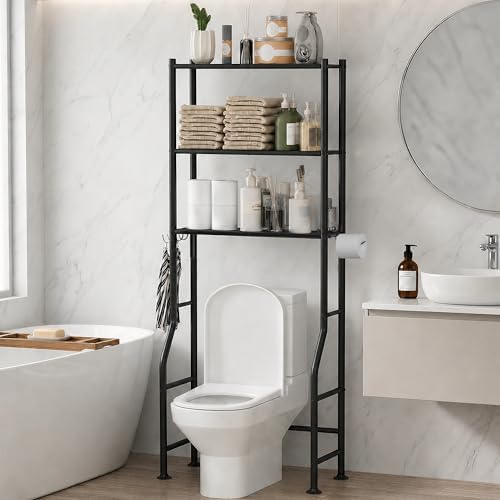 GloTika 3-Tier Over Toilet Storage, Anti-Tilt, 64" H, Black by QualityHomewareTimlessComfort