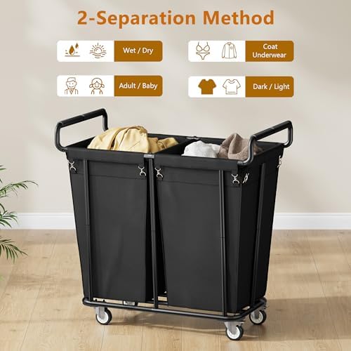 Gewudraw Heavy Duty Laundry Hamper with Wheels 2 Section, 360L, Black - Image 2