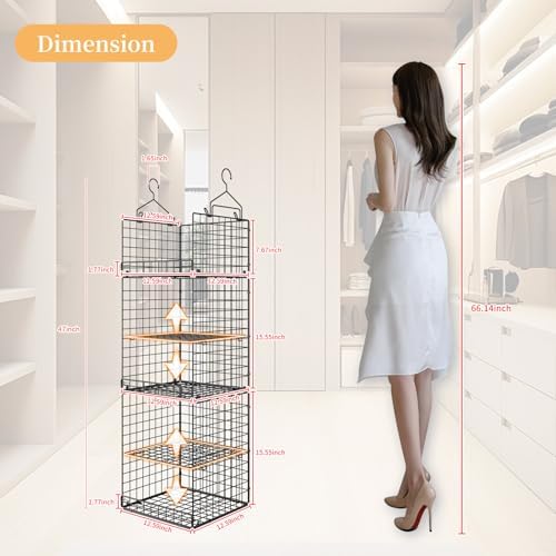 Yuyetuyo 5 Tier Closet Hanging Organizer and Storage Separable Hanging Closet Shelves with 4 Hooks 2 Adjustable Dividers, Wire Storage Basket Bins for Clothing Sweaters Socks Dolls Handbags, Foldable - Image 3