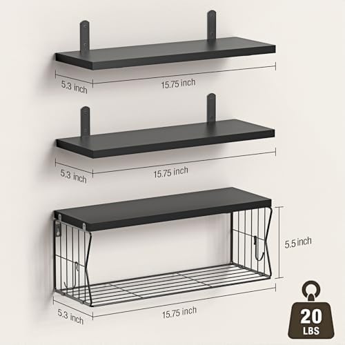 Floating Bathroom Shelves Wall Mounted - Wooden Shelf Set of 3 for Over Toilet Storage & Modern Bathroom Decor - Perfect Wall Shelving Organizer for Apartments RVs Powder Rooms Restroom - Black - Image 3