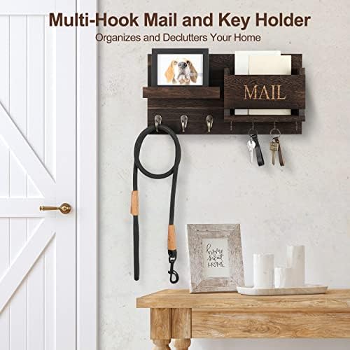 Lwenki Mail Organizer for Wall Mount – Key Holder with Shelf Includes Letter Holder and Hooks for Hallway Farmhouse Decor – Rustic Wood with Flush Mounting Hardware (16.5” x 9.1” x 3.4”) (Brown) - Image 4