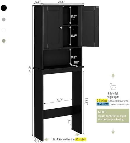 Over the Toilet Storage Cabinet for Bathroom, Black Bathroom Over Toilet Cabinet Freestanding Storage Organizer, Space Saver with Doors and Adjustable Shelf, Black - Image 2