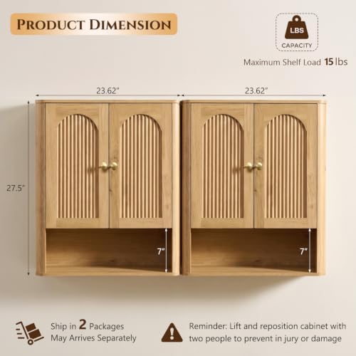 IFGET Bathroom Fluted Arched Wall Cabinet Set 2, 23.6''W Medicine Cabinet, Natural - Image 2