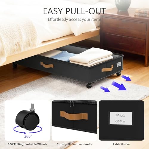 Under Bed Storage with Wheels 2-Pack, 75L XXL Under the Bed Storage Containers Large, 12" Tall Adjustable Storage for Underbed with Lids, Rolling for Clothes, Shoes, Blankets (4PCS-Black) - Image 4