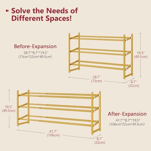Tajsoon Expandable Shoe Rack for Closet 3 Tier, 28“-41“Stackable, Gold - Image 7