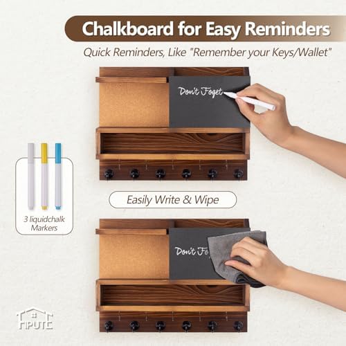 Key Holder for Wall Mount with Mail Organizer, Farmhouse Key Holder for Wall with Shelf, Chalkboard&Corkboard, Entryway Organizer 11 Metal Hooks, Decorative Natural Pine Wood, 14.6*11.1*3.3”, A-Brown - Image 5