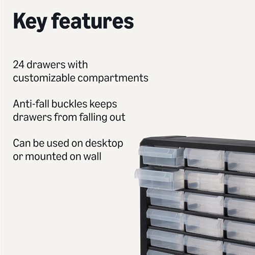 Amazon Basics 24-Drawer Plastic Storage Organizer with Dividers for Office/Craft/Tools, Wall Mountable, Sturdy, 6.3 x 21.3 x 15.8 inch, Black - Image 3
