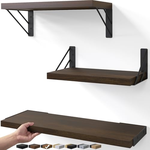 BAYKA Floating Shelves for Wall, Wood, Dark Brown, Set of 3, 16in by Bayka