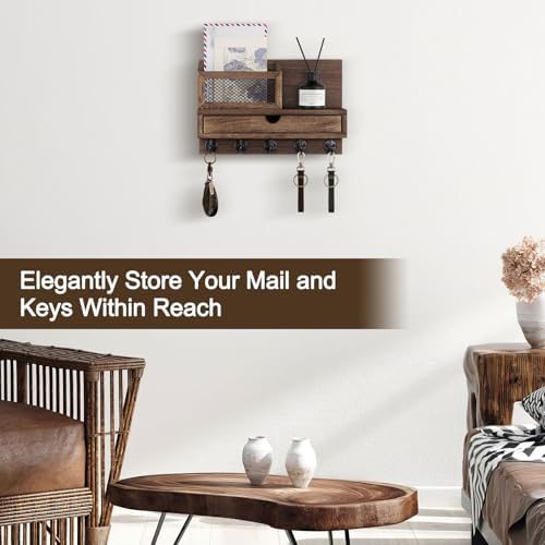 Key Holder for Wall with 5 Key Hooks and Storage Drawer - Image 3