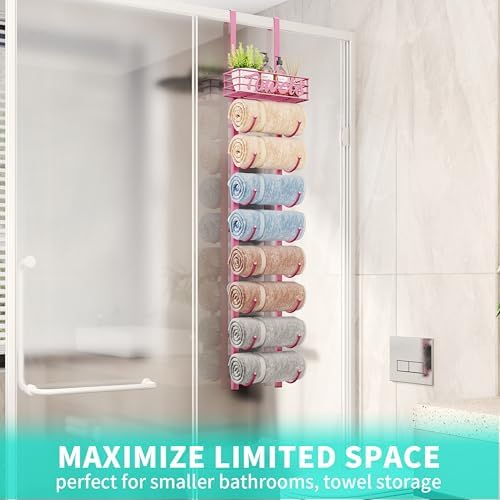 HapiRm Towel Racks for Bathroom Storage - 9 Tier Over The Door & Wall Mount Rolled Towel Storage Organizer Holder with Metal Shelf Basket for Small Bathroom, Camper, Rv - Pink, Patented - Image 6