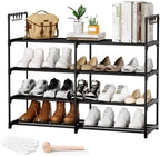 2 Rows 4 Tier Shoe Rack, Black Metal Stackable Shoe Shelf with Multifunctional Hooks, Hold 16-20 Pairs, Space Saving Shoe Organizer for Closet, Bedroom by DYJIEKAI