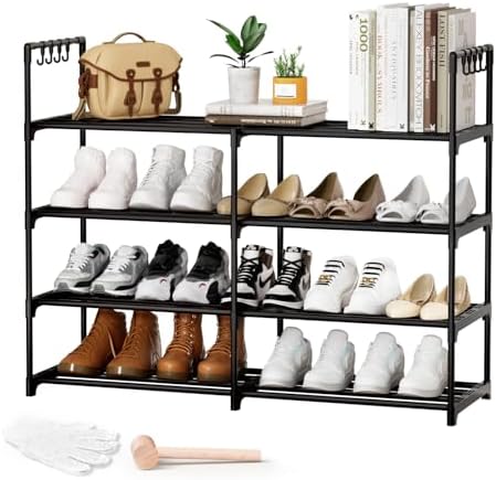 2 Rows 4 Tier Shoe Rack, Black Metal Stackable Shoe Shelf with Multifunctional Hooks, Hold 16-20 Pairs, Space Saving Shoe Organizer for Closet, Bedroom by DYJIEKAI