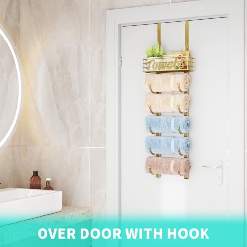 HapiRm Towel Racks for Bathroom Storage - 6 Tier Over The Door & Wall Mount Rolled Towel Storage Organizer Holder with Metal Shelf Basket for Small Bathroom, Camper, Rv - Gold, Patented - Image 4