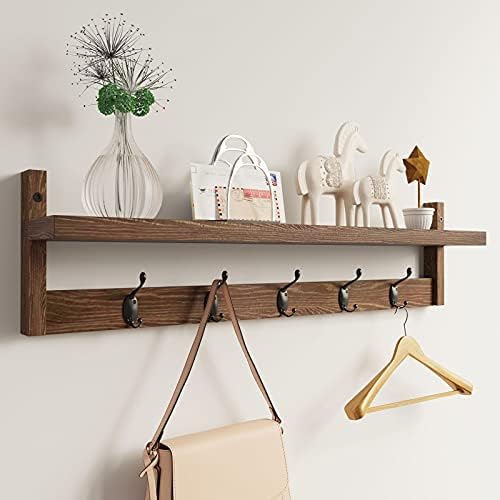 AMBIRD 28.9 Inch Length Shelf with Hooks Entryway Coat Rack Wall Mount Wood Coat Hooks with Shelf Wall-Mounted Coat Hook Rack with 5 Dual Hooks for Bathroom, Living Room, Bedroom (Brown) by AMBIRD