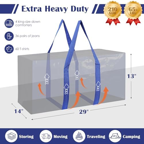 12 Pack Moving Bags with Full-Open Side Zipper, Extra Large 93L Heavy Duty Waterproof Foldable Storage Totes for College Dorm, Moving & Home Organization Blue - Image 2