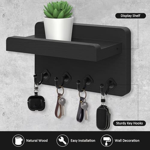 Nekon Key Holder Wall Mount, 8.5 Inch Small Wooden Wall Organizer, Black - Image 2