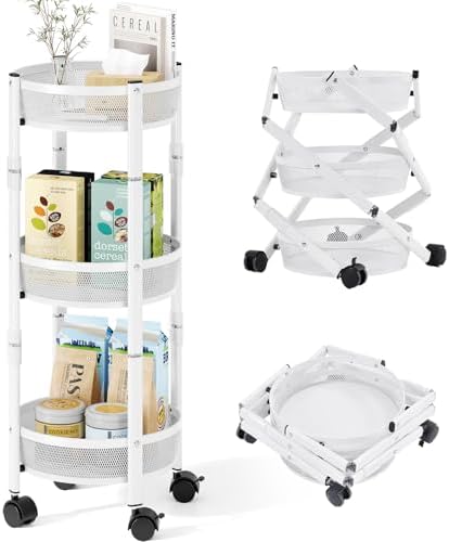 TOOLF 3 Tier Foldable Rolling Cart, Metal Utility Storage Cart, White | Assembly-Free, Lockable Wheels, Round Trolley Organizer for Bathroom, Kitchen, Office, Dorm, Laundry, Craft Room - Image 2