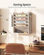 CHOEZON Wall File Organizer, 6-Tier Vertical Mount Hanging Holder with 2 Side Hooks, Modern Wooden Magazine Storage Holder with Bottom Tray, Desk Organizer, for Office, Home, Greige MWJ01FH - Image 2