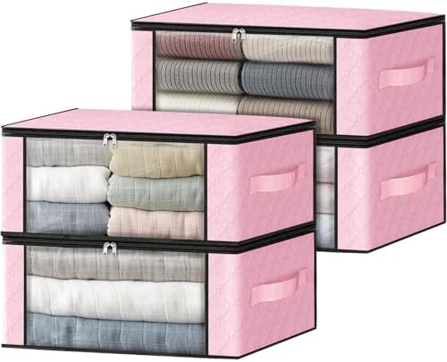 HomeHacks 4-Pack Clothes Organizer Storage Bags, 35L Storage Bins, Pink | Foldable Storage Box Container with Zippers, Clear Window, Reinforced Handles for Closet, Dorm, Pillows, Bedding, Sweater by HomeHacks