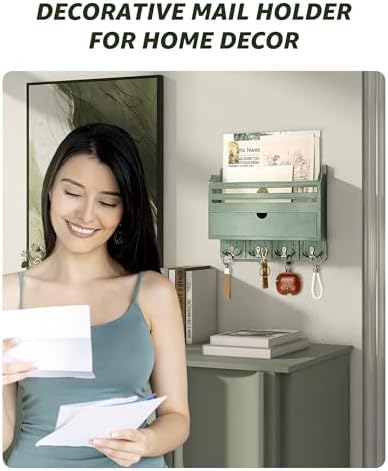 Rebee Vision Mail Organizer Wall Mount with Drawer for Home Decor, Green - Image 3