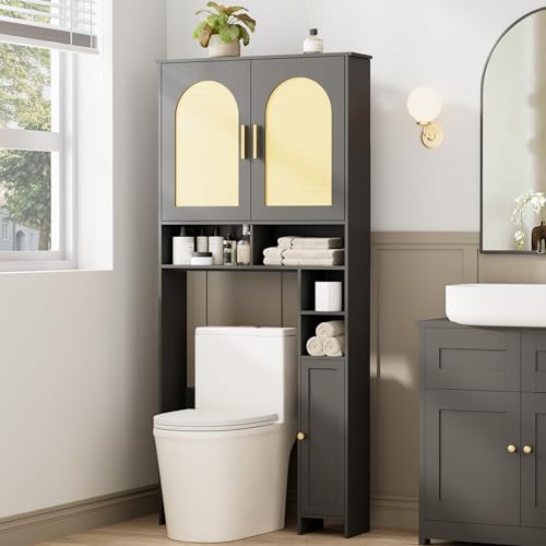 Homhedy Wooden Over The Toilet Storage Cabinet, Natural and Black by Homhedy