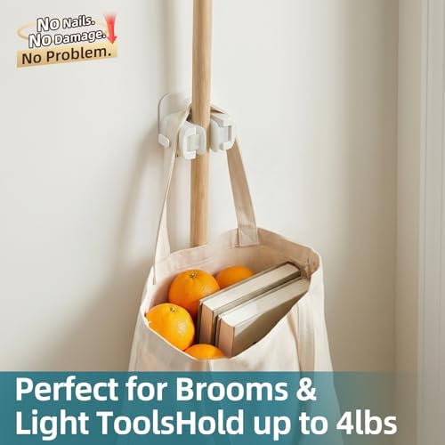 TAILI Mop and Broom Holder Wall Mount Grippers, 2 Hangers and 6 Adhesive Strips, Damage Free Hanging Wall Mount, Household Cleaning Organizer for Organization and Storage, Holds up to 4 lbs, White - Image 6