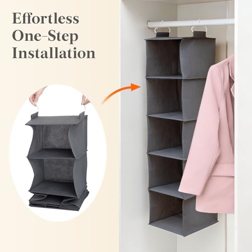 Lifewit Hanging Closet Organizer and Storage for Clothes 5 Tier | Portable, Foldable, Fabric, Top of Shelves with 2 Sturdy Hooks, Clothing Organization for Wardrobe, Dorm, Bedroom, Gray - Image 6