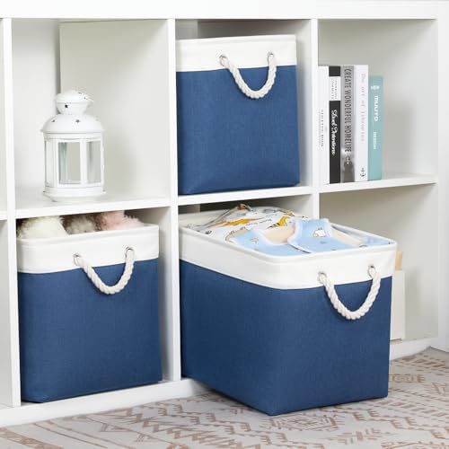 Bidtakay Large Storage Baskets for Shelves 3 Pack Fabric Storage Bins for Organizing Navy Blue Decorative Baskets Linen Collapsible Organizer for Closet - Image 4