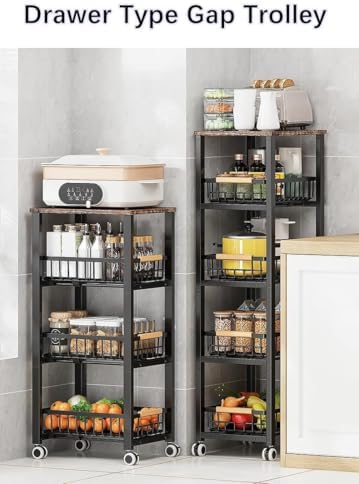Metal Wire Baskets with Wheels, Stackable Storage Bins Kitchen Organizer Shelf, Multi Layer Fruit Vegetable Cart Dishes Seasonal Rack Freestanding with Pull Out Slide Drawer - Image 4