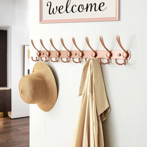 Dseap Coat Rack Wall Mount - 29.5” Long 8-Tri-Hooks Heavy Duty Coat Hanger Rail Wall Hooks for Hanging Coats Hats Clothing Clothes Purse Mudroom Entryway, Rose Gold - Image 3