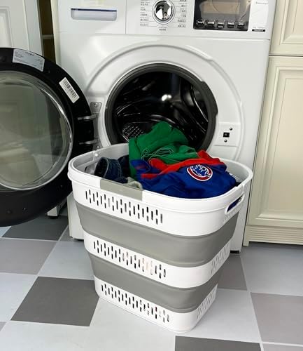 SAMMART 38L(10 Gal) Collapsible Laundry Basket - Foldable Pop-Up Storage Container/Organizer-Portable Space Saving Hamper, Measure 17.5x13.3x15.7/3.8" Expanded/Collapsed (1, White/Grey) - Image 2