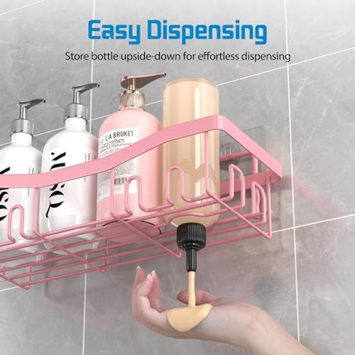 Youvip Adhesive Shower Caddy, No Drilling Bath Organizers 5 Pack, Rustproof Shelves with Soap Holder & Toothbrush Holder, Pink Bathroom Accessories Decor Set - Image 4