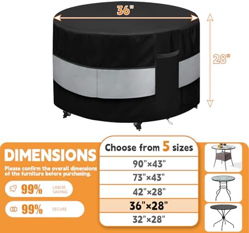 Round Patio Furniture Cover Black Grey Waterproof Up to 10000pa for 36 x 28 Inch Outdoor Round Dinner Table Covers - Image 2