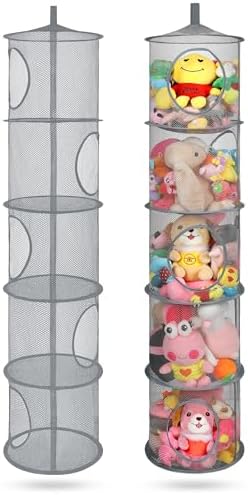 2Pcs Hanging Mesh Space Saver Bags Organizer, Foldable Storage Organizer 5 Compartments Toy Storage Organizer for Kid Room Toys, Gloves,Hats,Socks Storage #Grey by coastalrose